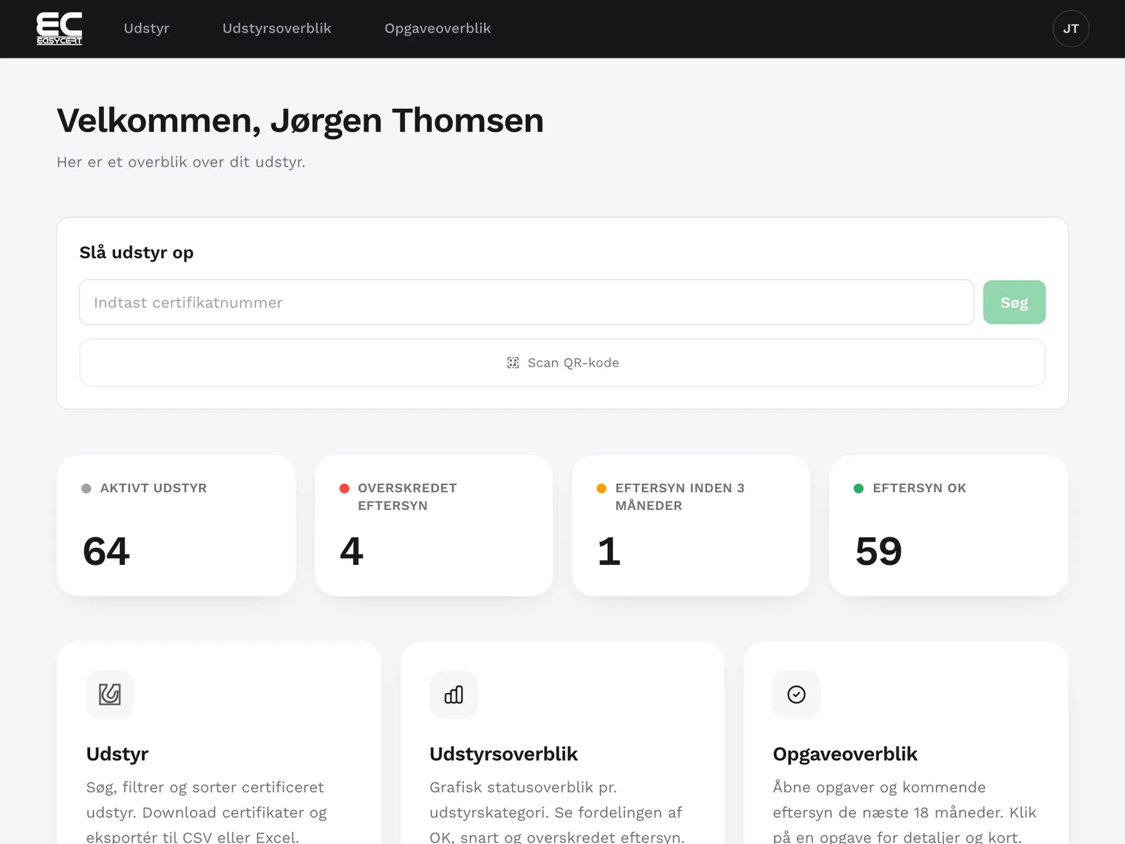 Forsiden i EasyCert med status på eftersyn